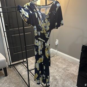 Asymmetrical Blue and Yellow Wrap Midi Dress